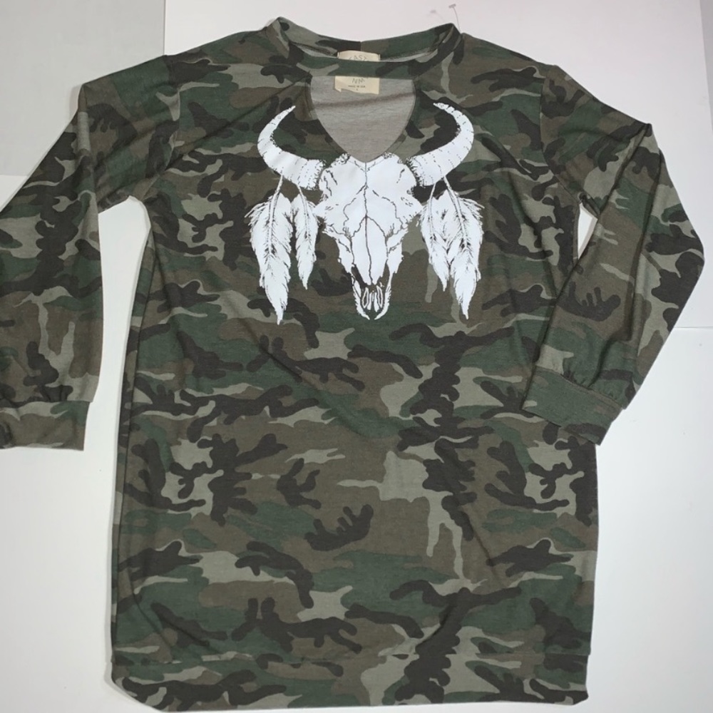Camo Cow Skull Long Sleeve Top